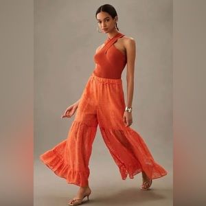 NWT Anthropologie Wide Leg Pants MSRP $220 Ruffle Detail Elastic Waist S…